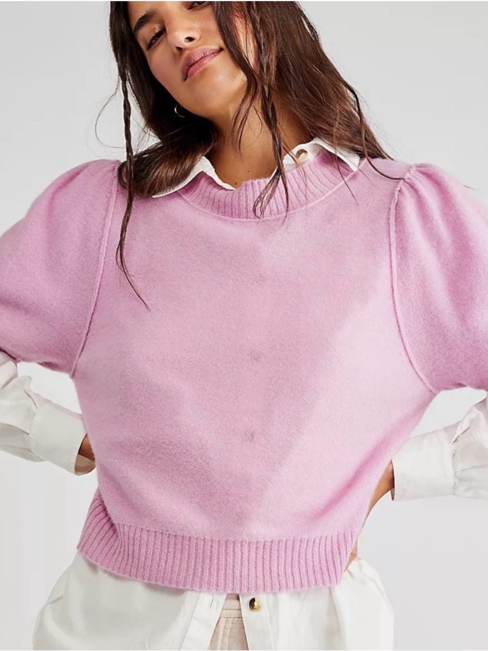 Free People Staycation Puff Short Sleeves Cashmere Sweater Sz Small